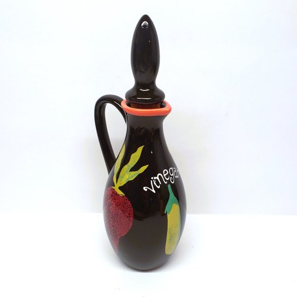 Crate and Barrel Vinegar Cruet Pitcher Black Ceramic Beets Peas Cork Stopper - Picture 1 of 9